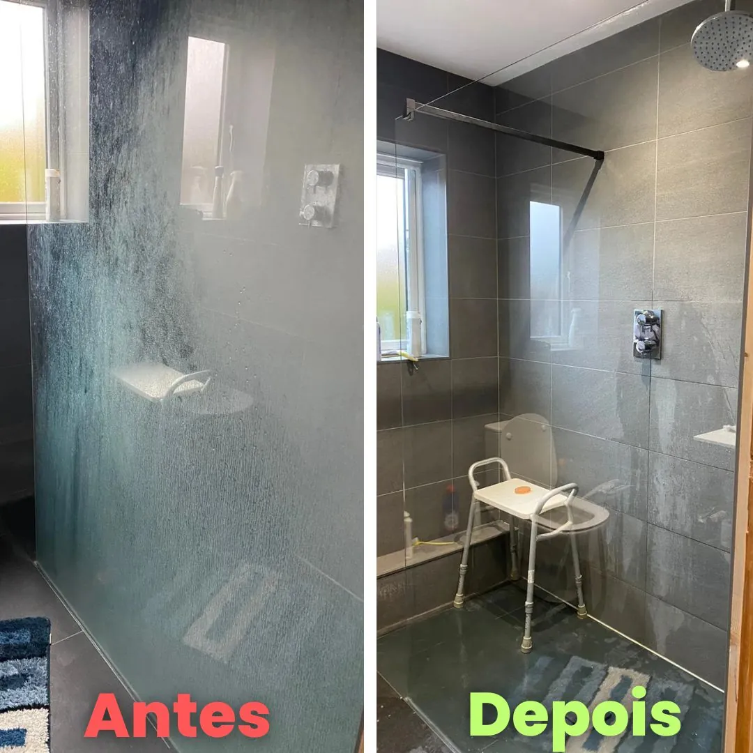 Box de banheiro grande embaçado antes, limpo depois